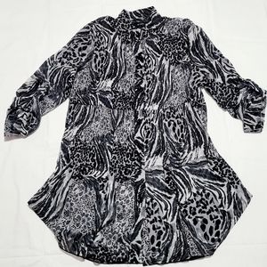Ali Miles Black White Geometric  Asymmetrical Stretch Tunic Top Blouse S…
